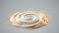 Creamy white swirl with golden dust particles creating elegant spiral motion on neutral background for luxury cosmetic and skincare applications.