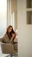 Young brunette woman relaxing in modern chair by window with natural lighting in minimalist interior space for wellness and lifestyle concepts.