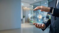 Businessman hands protecting digital innovation network with lightbulb and connected icons representing technology solutions and creative business ideas.