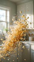 Popcorn kernels exploding in mid-air with dramatic motion blur in bright kitchen interior with natural window lighting for food photography and cooking concepts.