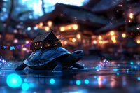 Mystical turtle carrying miniature house on shell swimming through glowing water at dusk, with bokeh lights and traditional Asian architecture in background.