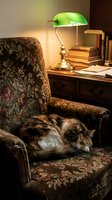 Tabby and white cat sleeping on vintage floral armchair beside wooden desk with green banker's lamp, stacked books, and warm lighting in classic home library setting.