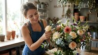 Smiling young Caucasian woman florist arranging fresh colorful bouquet in flower shop, wearing denim apron, surrounded by plants and pots.