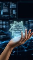 Hand holding glowing holographic decision friction framework concept with geometric design against blurred technology background for business strategy.