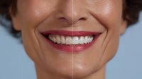 Close up of bright white teeth and red lipstick smile against light blue background, showing dental care and cosmetic beauty results.