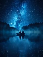Silhouettes of two people in a boat under spectacular starry night sky, perfect for romantic themes, book covers, and inspirational designs. Dreamy blue atmosphere with misty lake reflection.