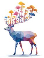 Colorful low poly deer with vibrant mushrooms growing from antlers, fantasy art concept on white background.