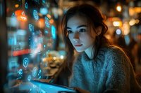 Young Asian woman using digital tablet with glowing social media icons and cyber security symbols in dark ambient setting with bokeh lights and neon glow.