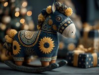 Decorative rocking horse toy with sunflower pattern and golden accents on dark blue background with warm bokeh lights for nursery decor.
