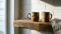 Two rustic handmade ceramic mugs on a weathered wooden shelf by a window, soft natural light, white brick wall, cozy home decor.