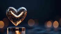 Glowing heart shape floating above metallic surface with golden bokeh lights in dark background creates romantic atmospheric composition for Valentine designs.