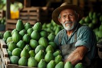 Senior Hispanic farmer with gray beard and straw hat standing proudly next to fresh harvested avocados at local market stall, wearing denim shirt and work apron, authentic farm to table concept.