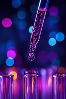 Laboratory pipette dropping liquid into test tubes with colorful bokeh lights background for scientific research and medical analysis experiments.