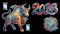 Decorative bull with ornamental patterns and 2033 numerals isolated on transparent background, ready for t-shirt design, clipart, stickers, sublimation and print-on-demand projects.