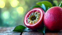 Fresh passion fruit cut in half showing juicy pulp and seeds on wooden surface with green leaves and bokeh background, macro food photography.