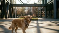 Golden retriever standing in modern architectural space with geometric shadows cast by glass and metal structure overhead.