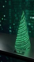 Digital Christmas tree made of binary code with glowing green numbers on dark background for holiday technology concepts and cyber security themes.