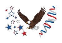 Bald eagle in flight with spread wings, surrounded by red, white, and blue stars and patriotic ribbon banner. Isolated clipart for Independence Day designs, t-shirts, and promotional materials.