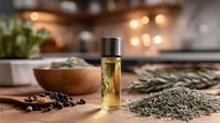 Aromatic essential oil in glass bottle with dried herbs, spices, and rosemary on wooden table in cozy kitchen setting.