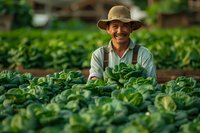 Middle-aged Hispanic farmer smiling while tending to fresh lettuce crop in organic garden. Natural sunlight illuminates rows of green leafy vegetables growing in field.