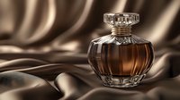 Elegant crystal perfume bottle with amber liquid on luxurious silk fabric background, dramatic lighting creates sophisticated mood for luxury product photography.