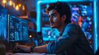 Young South Asian man working late at computer with neon blue lighting and monitors displaying data analytics in dark office environment. Professional tech atmosphere.