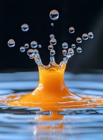Orange liquid crown splash with floating water droplets captured in high-speed macro photography against dark background. Frozen motion shows fluid dynamics.