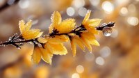 Frost-covered yellow forsythia blossoms on branch with water droplets against blurred golden bokeh background, capturing early spring awakening in nature.