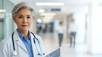 Confident mature female doctor with gray hair holding clipboard in modern hospital corridor, wearing white coat and stethoscope for healthcare marketing.