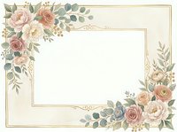 Elegant floral frame with soft pink roses and eucalyptus leaves on cream background. Decorative border for wedding invitations, greeting cards and stationery.