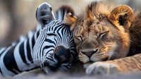 Unusual friendship between young lion and zebra sleeping together in close contact, showing peaceful coexistence in nature, illuminated by warm sunlight.