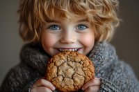 Young blonde child with blue eyes enjoying chocolate chip cookie wearing cozy knit sweater. Happy kid eating homemade baked goods snack time portrait.
