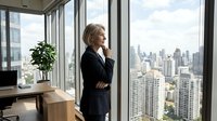 Professional blonde businesswoman in black suit standing by office windows overlooking city skyline, contemplating future business decisions and opportunities.