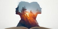 Double exposure silhouette of woman's profile with forest sunset landscape and open book, representing imagination, literature, and nature connection.