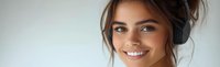 Young Caucasian woman with natural makeup and messy bun hairstyle wearing black wireless headphones smiling at camera against light background, panoramic crop.