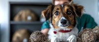Adorable mixed breed dog with expressive brown eyes and fluffy ears wearing red collar rests on decorative woven balls, panoramic composition against blurred interior background.