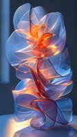Abstract luminous sculpture with flowing translucent curves in blue and orange tones creating an ethereal light effect against dark background, suitable for modern interior design.
