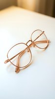 Pair of rose gold metal frame eyeglasses with clear lenses resting on white surface, suitable for fashion, eyewear retail, and optical advertising.