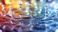 Water drops splashing on liquid surface with colorful orange and blue gradient background creating crown-shaped formations and reflective ripples in macro photography.