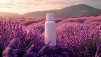White cosmetic bottle mockup in blooming lavender field at sunset, purple flowers and mountain silhouette in background, natural skincare branding concept.