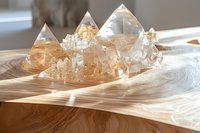 Crystal pyramids with golden rutilated quartz inclusions on wooden surface in sunlight, creating ethereal light reflections and shadows for spiritual or meditation space.