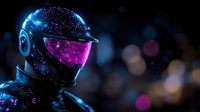 Futuristic motorcycle helmet with glowing pink visor and cosmic sparkle effects against dark background with bokeh lights, showcasing advanced protective gear design.
