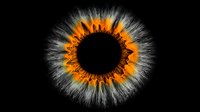 Dramatic macro shot of human iris with vibrant orange and black colors on dark background showing detailed eye texture and patterns for medical or artistic projects.