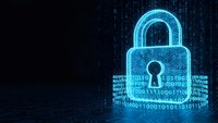 Digital padlock icon glowing in blue cyber matrix with binary code background representing cybersecurity data protection and network security technology.