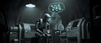 Futuristic robot scientist conducting research in high-tech laboratory with holographic molecular display and advanced equipment for AI technology concepts.