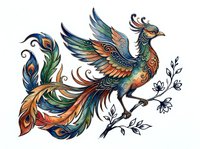 Ornamental peacock with vibrant feathers in blue, green, and orange tones, isolated on white background. Decorative bird illustration suitable for textile design, wall art, and apparel printing.