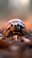 Close-up portrait of young tortoise with bright blue eyes looking directly at camera while crawling through autumn leaves and forest ground with blurred background.