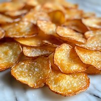 Crispy homemade potato chips with golden edges and visible salt crystals on marble surface, macro close-up showing texture and crunch of fresh fried snack.