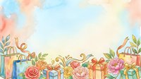 Watercolor illustration of colorful gift boxes and blooming flowers arranged in a festive border design, perfect for greeting cards, invitations, and seasonal marketing materials.