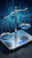 Digital justice scales on tablet with circuit board background representing cyber law, legal technology, and electronic litigation in modern legal system.